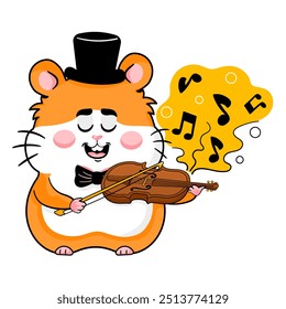 Adorável Cartoon Hamster cavalheiro tocando violino, pequeno músico para crianças