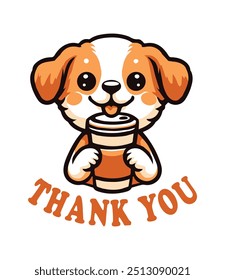 Adorable Cartoon happy Puppy Holding a Coffee Cup with Thank You Text Cute and Cheerful vector Illustration with cute Orange and White Colour Perfect for thanksgiving pet animal card Gratitude Message