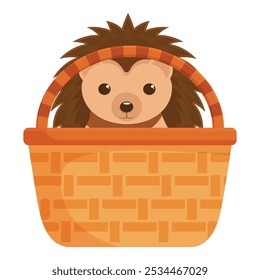 Adorable cartoon hedgehog sitting in a wicker basket looking out