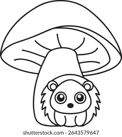 Adorable Cartoon Hedgehog Snuggled Under a Mushroom, Whimsical Forest Scene Depicted in a Charming Black and White Line Art Style, Perfect for Children Illustrations
