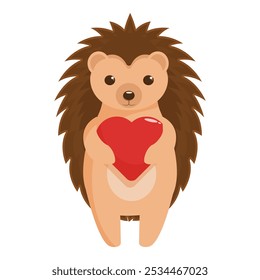 Adorable cartoon hedgehog standing and holding a red heart