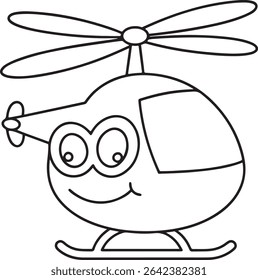 Adorable cartoon helicopter illustration, perfect for children's books, coloring pages, or educational materials.  Simple line art style with a friendly face.