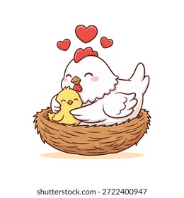 Adorable cartoon hen lovingly cuddles a cute yellow chick in a cozy nest, surrounded by floating hearts. A heartwarming illustration of maternal love and family bond.