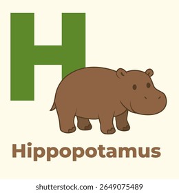 Adorável hipopótamo cartoon com a letra H. Ideal para cartões pré-escolares alfabeto, crianças aprendendo cartazes, livros de animais e conteúdo educacional. Estilo de arte vetorial plana.