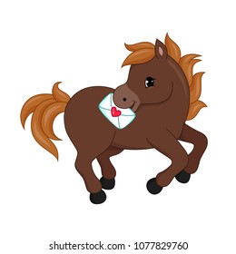 Adorable cartoon horse character with love letter. Vector illustration isolated on white background.