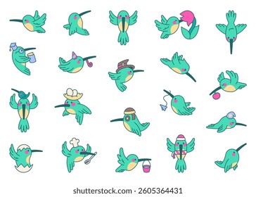 Adorable cartoon hummingbird character set featuring different hats, emotions, holiday themes, family moments and everyday objects for yours illustration and creative designs projects