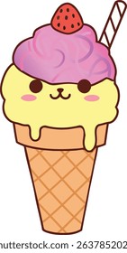 Adorable cartoon ice cream cone with smiling face and a red strawberry on top