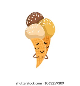 Adorable cartoon ice-cream in waffle cone. Delicious food. Sweet frozen dessert with cute face and little hands. Flat vector