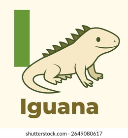 Iguana de desenho animado adorável com a letra I. Ótimo para flashcards de crianças, materiais educacionais, livros alfabéticos e aprendizagem pré-escolar. Estilo simples de vetor plano.