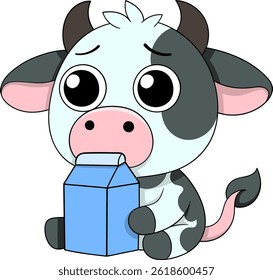 Adorable cartoon illustration of a baby cow with big expressive eyes, holding a blue milk box. This charming design is perfect as a dairy product mascot
