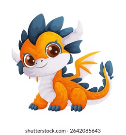 Adorable cartoon illustration of a baby dragon with orange body and blue details. It has big brown eyes and a friendly smile, perfect for childrens content.