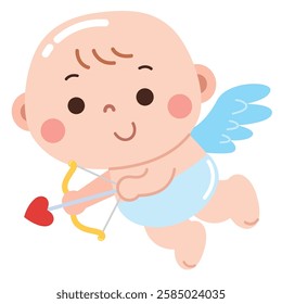 An adorable cartoon illustration of a baby dressed as Cupid, complete with small blue wings, a bow, and a heart-tipped arrow.