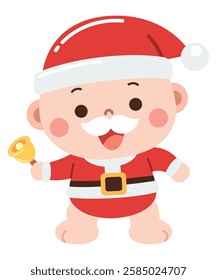 An adorable cartoon illustration of a baby dressed in a Santa Claus outfit, complete with a red hat, white mustache, and a festive belt.