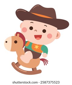 Adorable cartoon illustration of a baby dressed as a cowboy, riding a wooden rocking horse.