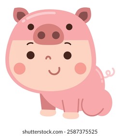 Adorable cartoon illustration of a baby dressed in a pink pig costume, featuring a round snout, tiny ears, and a curly tail.