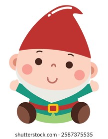 Adorable cartoon illustration of a baby dressed as a gnome. The child is wearing a red pointy hat, green outfit, brown boots, and a belt, resembling a classic garden gnome.