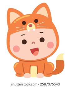 Adorable cartoon illustration of a baby dressed in a charming fox costume, complete with pointy ears, a fluffy tail, and a cheerful expression