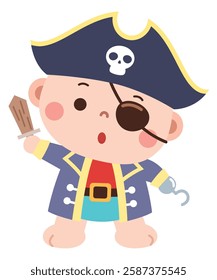 Adorable cartoon illustration of a baby dressed as a pirate, featuring a pirate hat with a skull emblem, an eye patch, a toy sword, and a hook hand.