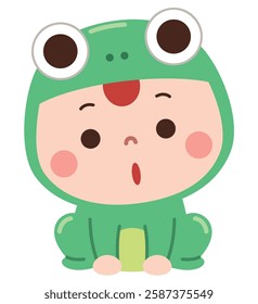 Adorable cartoon illustration of a baby dressed in a frog costume, featuring big round eyes on the hood and a surprised expression.