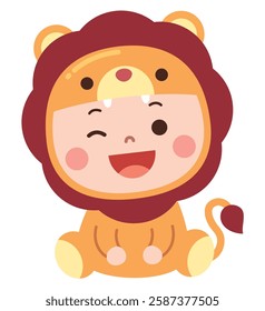 Adorable cartoon illustration of a baby dressed in a lion costume, sitting happily with a big smile and a playful wink