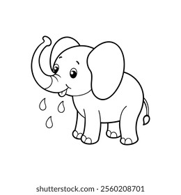 Adorable cartoon illustration of a baby elephant happily spraying water droplets. Perfect for children’s books, coloring pages, and creative projects.