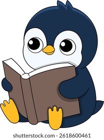 Adorable cartoon illustration of a baby penguin holding and reading a book with focused expression. Perfect for educational materials