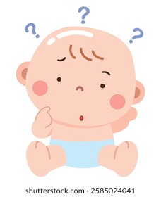 An adorable cartoon illustration of a baby sitting with a puzzled expression, surrounded by question marks.