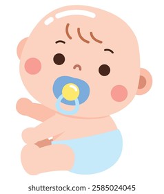 An adorable cartoon illustration of a baby sitting in a diaper, sucking on a blue pacifier with a slightly curious and innocent expression.