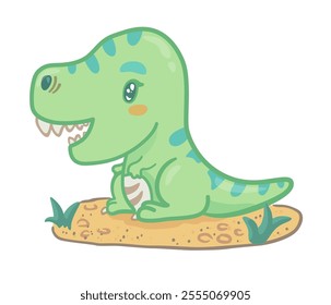 Adorable cartoon illustration of a baby T-Rex dinosaur sitting on the ground