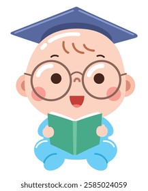 An adorable cartoon illustration of a baby wearing a graduation cap and glasses while happily reading a book.