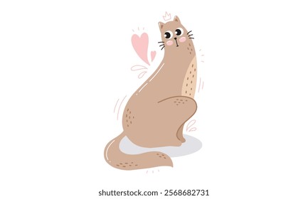 Adorable cartoon illustration of a beige cat sitting with a pink heart and a crown, radiating charm on a white background.