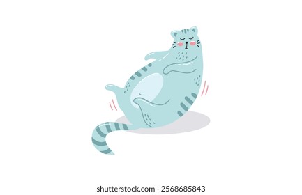 Adorable cartoon illustration of a blue cat lying on its back with a relaxed expression, showcasing a playful and carefree mood.