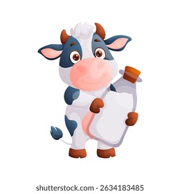 Adorable cartoon illustration of a blue and white spotted cow holding a full glass bottle of milk. Perfect for dairy products or farm related themes.