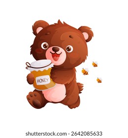 Adorable cartoon illustration of a brown bear happily holding a jar of honey. Three cute bees are buzzing around, adding to the sweetness of the scene.