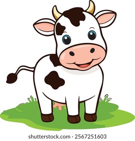 Adorable cartoon illustration of a cheerful cow with brown spots standing on green grass, perfect for children's educational materials, farm-themed designs, or playful decorations.