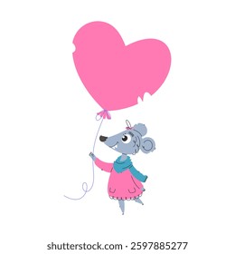 Adorable cartoon illustration of a cheerful mouse wearing a pink dress and blue scarf, holding a heart-shaped balloon, symbolizing love, joy, and friendship. Cute mouse in pink dress