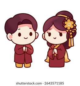 Adorable cartoon illustration of a chibi-style couple dressed in traditional Asian wedding or cultural outfits.