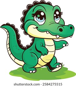 Adorable cartoon illustration of a cute baby crocodile walking happily on a patch of green grass. The crocodile features a friendly expression, big sparkling eyes, and vibrant green tones.