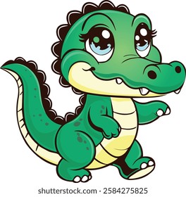 Adorable cartoon illustration of a cute baby crocodile walking happily on a patch of green grass. The crocodile features a friendly expression, big sparkling eyes, and vibrant green tones.