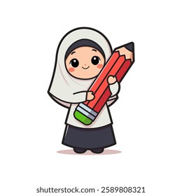 Adorable Cartoon Illustration Of A Cute Friendly Little Girl in Hijab Holding a Giant Pencil