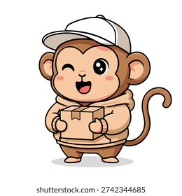 Adorable cartoon illustration of a cute monkey wearing a cap and hoodie, delivering a package with a cheerful expression. Perfect for children designs, delivery service promotions, or animal-themed projects.