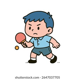 Adorable cartoon illustration of a determined boy engrossed in a game of table tennis, striking the ball with his racket.