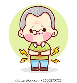 Ilustração de desenho animado adorável de um homem idoso com dor no pulso, rodeado por ícones de raios para mostrar desconforto.