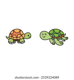 Adorable cartoon illustration featuring a land tortoise and a sea turtle with friendly, smiling faces on a white background.