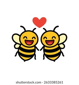 Adorable cartoon illustration featuring two happy bees holding hands under a red heart, symbolizing love and affection. This whimsical image is perfect for greeting cards, children's content, or desig