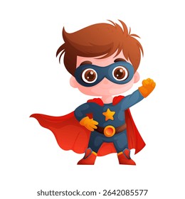 Adorable cartoon illustration featuring a young boy dressed as a superhero. He strikes a heroic pose with his red cape flowing. Ideal for childrens content.