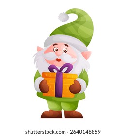 Adorable cartoon illustration of a festive gnome dressed in green with a whimsical hat, holding a yellow gift box tied with a purple ribbon. Perfect for holiday designs.