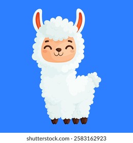 Adorable cartoon illustration of a fluffy white alpaca with a smiling face, bright orange ears, and a blue background. Cartoon Illustration of a Happy White Alpaca