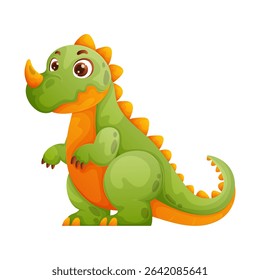 Adorable cartoon illustration of a green and orange dinosaur with a horn and back spikes. It has big, friendly eyes, perfect for kids designs and animations.