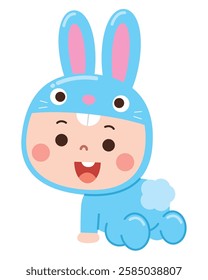 An adorable cartoon illustration of a happy baby dressed in a blue bunny costume, complete with floppy ears, a fluffy tail, and a cheerful expression.